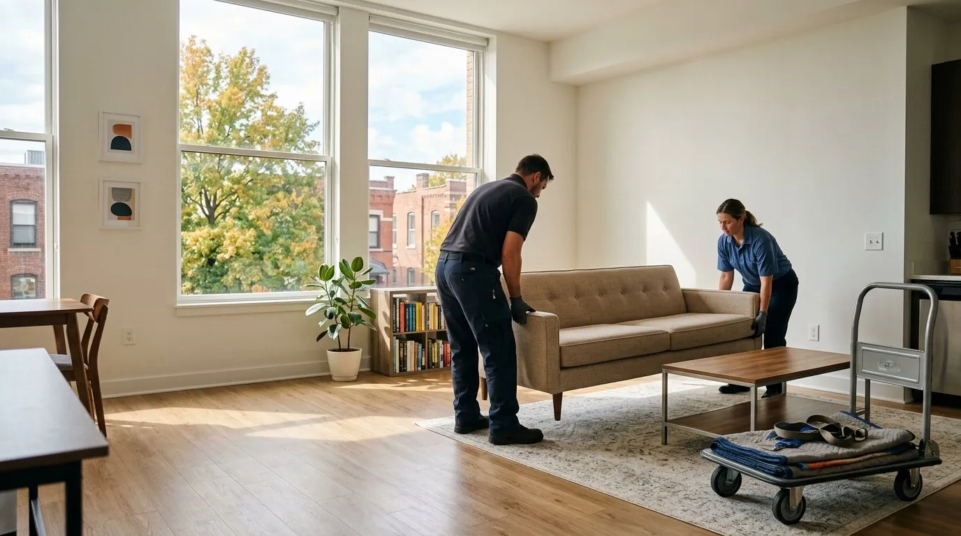 Two movers in navy work polos carry a beige sofa into a bright, nearly empty apartment with pale wood floors and tall windows looking onto autumn trees and red-brick buildings, a flat trolley stacked with moving blankets and straps beside them.